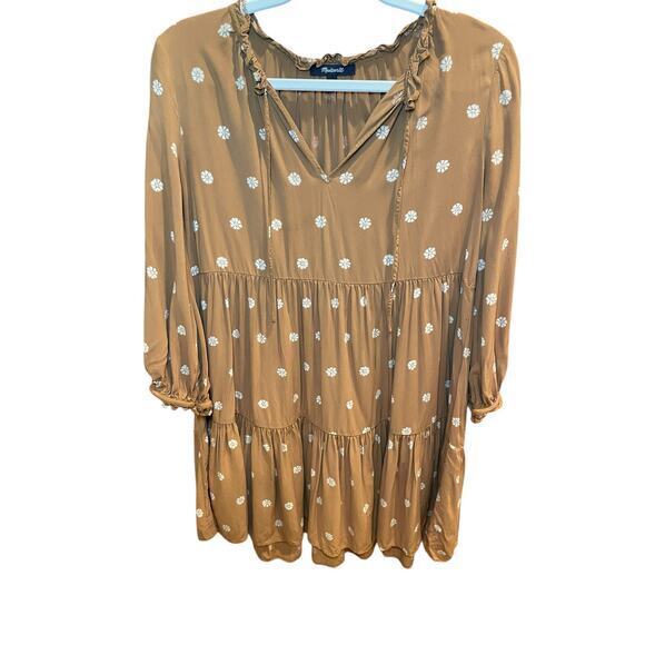 Madewell Women Small Tie-Neck Tiered Mini Dress in Bloom Dot Brown & White Flowy - Picture 3 of 17